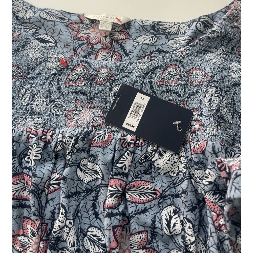 Lucky Brand Women 3X Blue Pink Floral Boho Peasant Blouse Smocked Yoke Plus Size - Picture 8 of 13